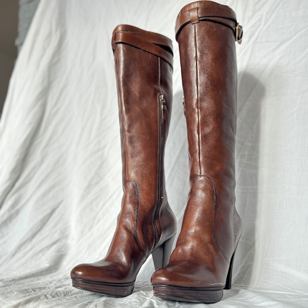NWOB Size 8.5 Via Spiga Irma 4-inch Heel Knee-high Brown Leather Boots